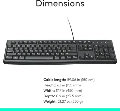 Provides detailed physical measurements of the keyboard (height, width, depth, weight, and cable length) to help shoppers understand the exact size and fit for their workspace.