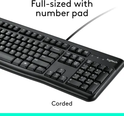 Highlights that the keyboard is full-sized with a dedicated number pad and uses a corded connection, reassuring shoppers looking for a complete, reliable keyboard setup.