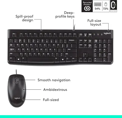 This image breaks down the physical features and components of the keyboard and mouse combo, highlighting key structural elements like spill-proof design, key profile, layout size, and mouse…