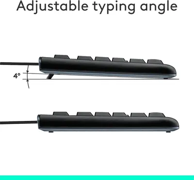 Demonstrates the keyboard's adjustable angle feature, showing how the product can be positioned at 4° for ergonomic typing comfort. Highlights the ergonomic benefit of adjustable typing angles to…