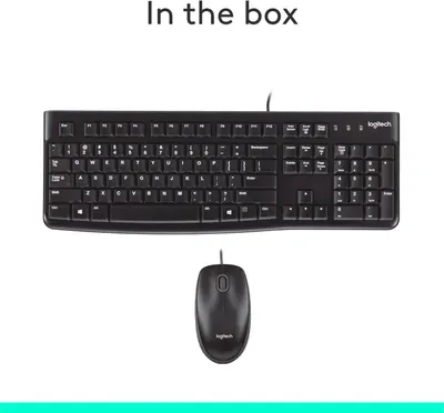 Shows the customer exactly what items are included in the package: a full-size Logitech keyboard and a wired Logitech mouse.