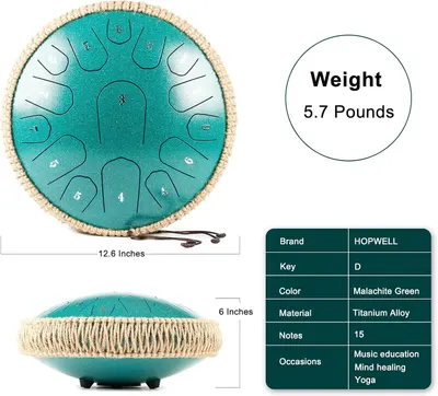 Communicates the exact physical size (12.6 inches diameter, 6 inches height) and weight (5.7 pounds) of the steel tongue drum to help shoppers understand its portability and space requirements.…