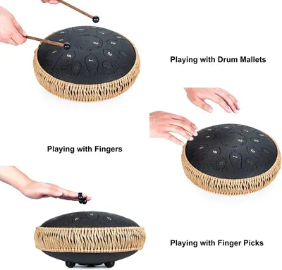 Demonstrates three different ways to play the steel tongue drum (with mallets, fingers, and finger picks) to help shoppers understand the versatility and ease of use of the instrument. Shows the…