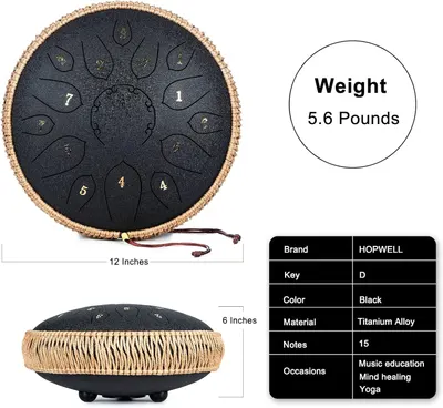 Communicates the exact physical size (12 inches diameter, 6 inches height) and weight (5.6 pounds) of the steel tongue drum to help shoppers understand its portability and space requirements.…