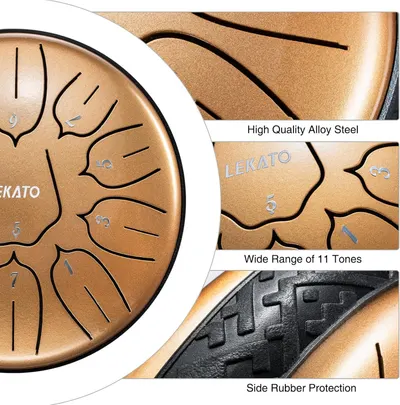 This image breaks down the physical components and features of the steel tongue drum, highlighting the material quality, tonal range, and protective rubber elements to help shoppers understand the…