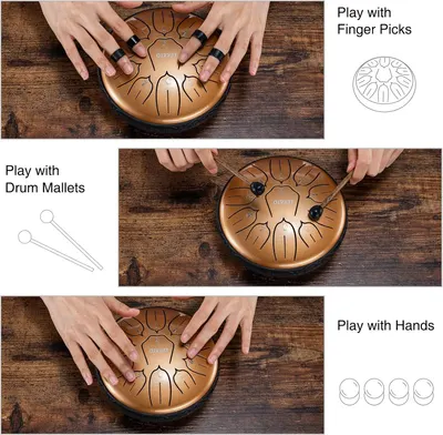 Demonstrates the three different ways the steel tongue drum can be played (with finger picks, drum mallets, or hands), showing the product's versatility and multiple use scenarios. Provides…