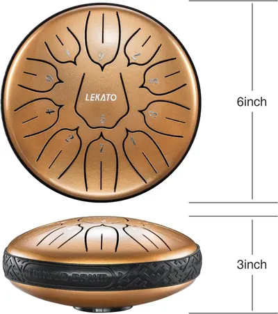 Communicates the exact physical size of the steel tongue drum (6 inches diameter, 3 inches height) to help shoppers understand how compact and portable the instrument is.