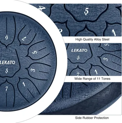 This image breaks down the physical components and material features of the steel tongue drum, highlighting the alloy steel construction, the 11-tone range capability, and the protective rubber side…