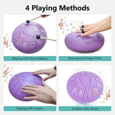 Demonstrates the product's versatility by showing four different ways to play the steel tongue drum, reassuring shoppers that it can be used with mallets, finger picks, bare hands, or outdoors.