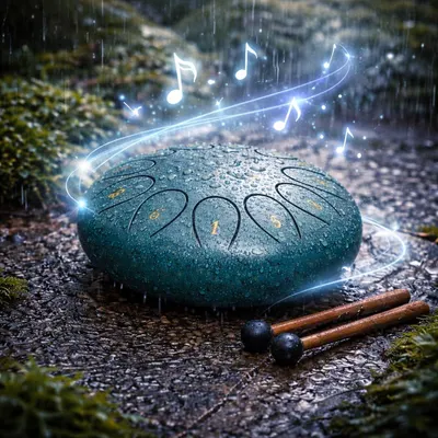 Creates an emotional, atmospheric lifestyle scene showing the product in a natural outdoor setting with rain and magical musical elements to evoke tranquility and artistic appeal.