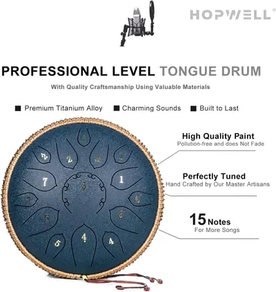 Communicates multiple selling benefits of the tongue drum including premium materials, sound quality, durability, paint quality, craftsmanship, and musical range to demonstrate professional-level…
