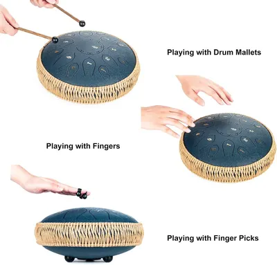 Demonstrates the product's versatility by showing three different ways to play the steel tongue drum (with mallets, fingers, and finger picks), reassuring shoppers that the instrument offers…