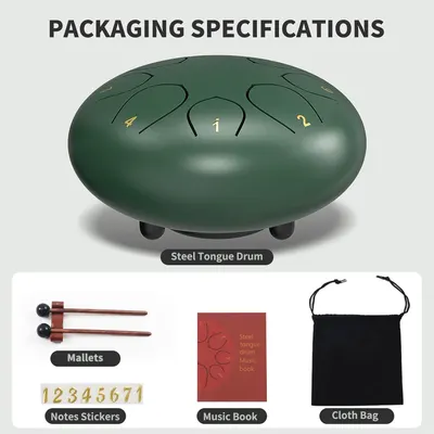 Shows everything included with the steel tongue drum purchase to help shoppers understand the full value of the bundle, including the drum, mallets, music book, note stickers, and storage bag.