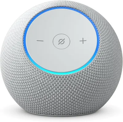 Provides a clean, catalog-style view of the smart speaker showing its design, fabric texture, and control interface without distractions.