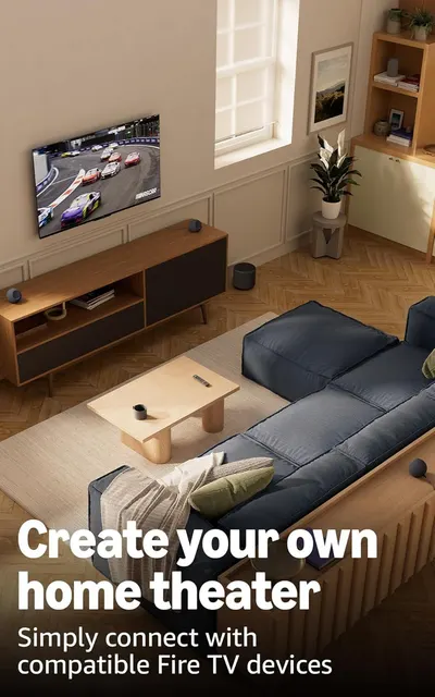 Demonstrates the product's application as a home theater solution and reassures shoppers that it works seamlessly with compatible Fire TV devices. Communicates the ease of creating a home theater…