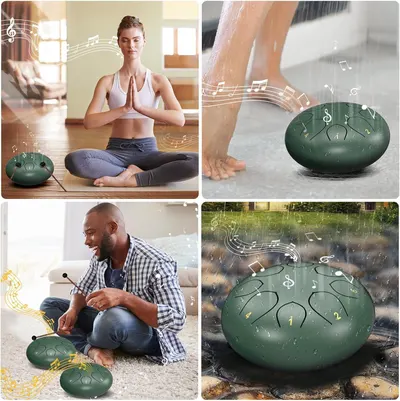 Demonstrates the versatility of the steel tongue drum by showing it can be used in multiple environments and activities - meditation, shower relaxation, indoor leisure, and outdoor settings - to…