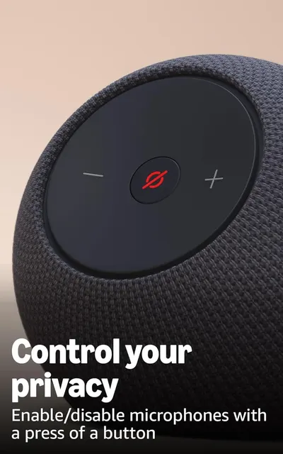 Highlights the privacy feature that allows users to easily enable or disable the microphone with a single button press, reassuring shoppers about control over their personal privacy.