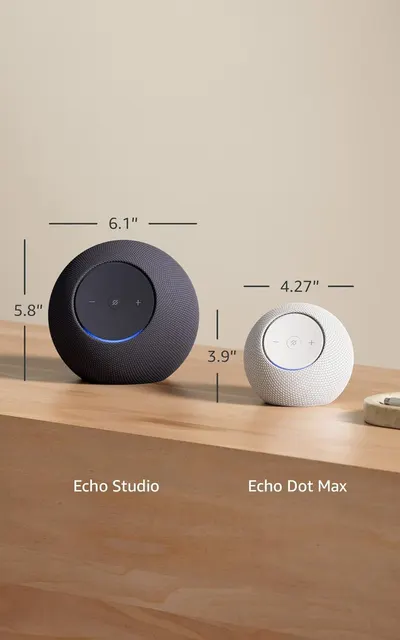 Shows the exact physical dimensions of two Echo products side-by-side to help shoppers understand the size difference and choose the right model for their space.