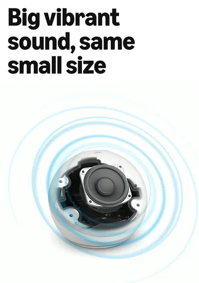 Communicates that the product delivers big, vibrant sound despite its small, compact form factor, reassuring shoppers they don't need to sacrifice audio quality for portability.