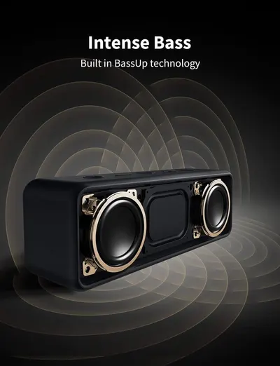 Highlights the speaker's powerful bass performance and proprietary BassUp technology to appeal to audio enthusiasts seeking enhanced low-frequency sound quality.