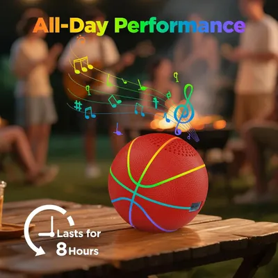 Communicates the product's impressive battery performance, reassuring shoppers that the speaker can play music continuously for 8 hours without recharging. Highlights the speaker's ability to…