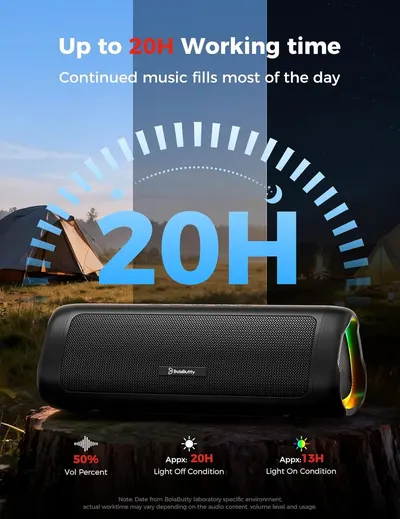 Communicates the product's impressive 20-hour battery life to reassure shoppers they can enjoy extended music playback throughout the day without frequent recharging. Highlights the key benefit of…