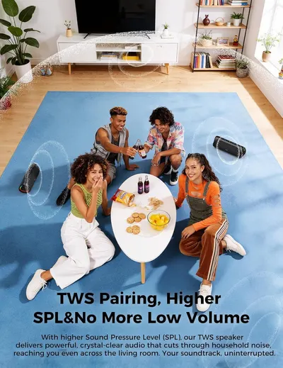Communicates that the TWS speaker delivers powerful, clear audio with higher SPL that can reach across the living room, cutting through household noise for an uninterrupted listening experience.
