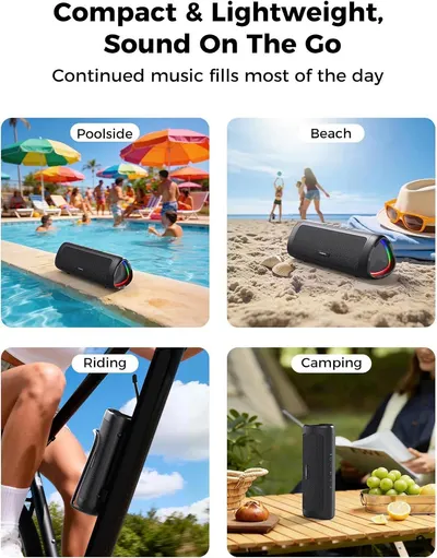 Demonstrates the product's versatility by showing it can be used in multiple outdoor and recreational environments—poolside, beach, riding, and camping—to reassure shoppers it's suitable for various…