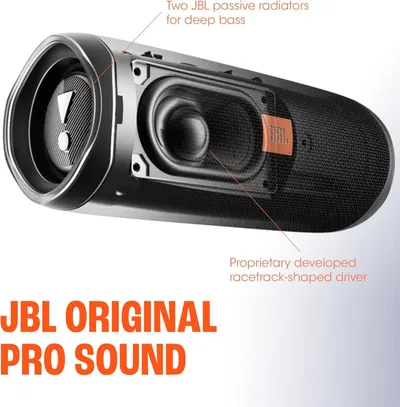 This image breaks down the internal components of the JBL speaker to showcase the proprietary audio technology and engineering that delivers superior sound quality, particularly deep bass.