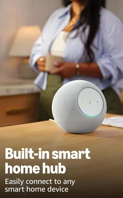 Communicates that the speaker has integrated smart home hub functionality, allowing shoppers to easily connect and control their smart home devices through this product.