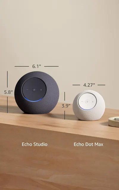 Shows the exact physical dimensions of two Echo speaker models to help shoppers understand their size and choose the right fit for their space. Displays two products from the Echo brand lineup…