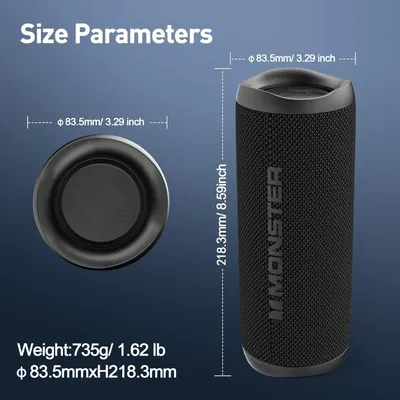 Communicates the exact physical dimensions and weight of the speaker to help shoppers understand its size and portability before purchase.
