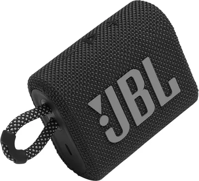 Provides a clean, catalog-style view of the JBL speaker showing its textured fabric design, brand logo, and attached carrying strap for easy product identification.