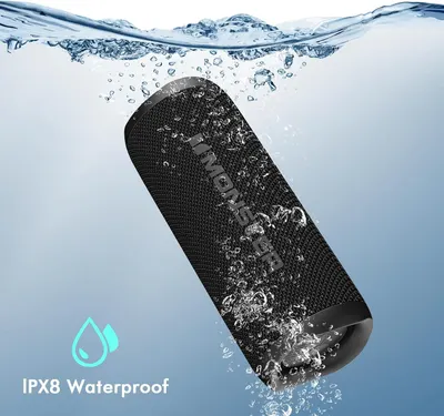 Demonstrates the speaker's waterproof capability by showing it fully submerged in water, reassuring shoppers it can withstand water exposure and is safe for pool, beach, or shower use.