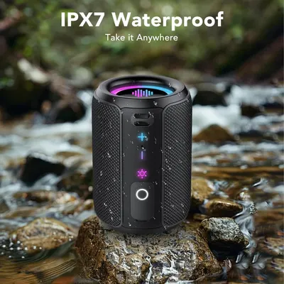 Highlights the speaker's IPX7 waterproof rating and outdoor versatility, reassuring shoppers that it can withstand wet environments and be taken anywhere.