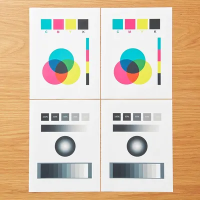 This is a printer color calibration test sheet showing CMYK color accuracy, gradients, and grayscale values. It is not an Amazon product image but rather a technical printing reference document.