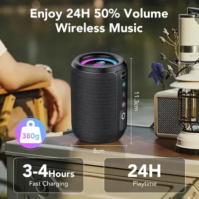 Communicates multiple key benefits of the wireless speaker including long battery life, fast charging capability, portability, and wireless functionality to demonstrate overall value and convenience.