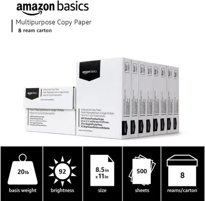 Communicates the key specifications and features of the copy paper in a clear, segmented layout to help shoppers quickly understand the product's weight, brightness, size, quantity, and packaging…