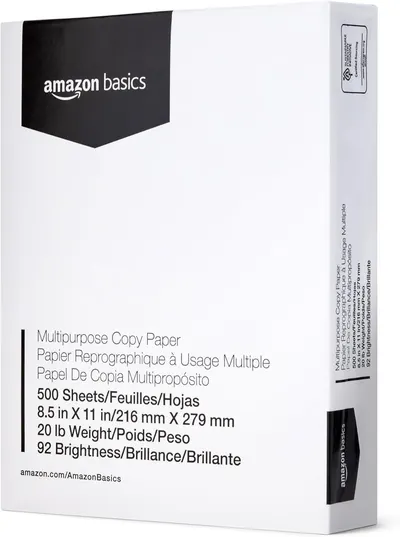 Provides a clean, catalog-style view of the Amazon Basics copy paper packaging to show shoppers exactly what they will receive.