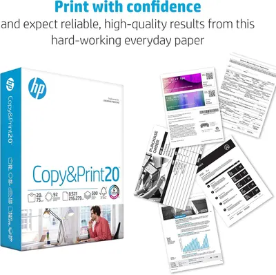 Communicates the paper's reliability and high-quality printing performance across multiple use cases, showing various printed document examples to reassure shoppers of its versatility and…