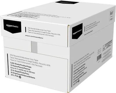 Provides a clean, catalog-style view of the Amazon Basics copy paper product in its retail packaging, showing the box from multiple angles to help shoppers understand what they will receive.