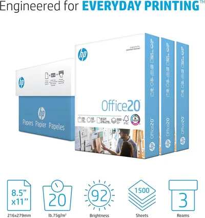 Communicates multiple key specifications of the HP Office20 paper in a segmented icon layout to help shoppers quickly understand the product's dimensions, quality, brightness, quantity, and…