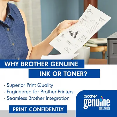 Communicates multiple key benefits of Brother Genuine ink and toner to reassure shoppers about quality, compatibility, and reliability.