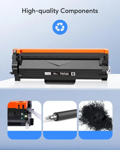 Highlights the high-quality internal components of the toner cartridge, including the chip, drum roller, and toner powder, to reassure shoppers of the product's quality and construction.…