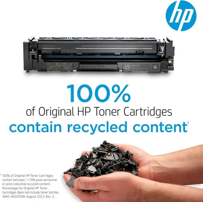 Communicates that HP toner cartridges are environmentally responsible by containing 100% recycled content, reassuring eco-conscious shoppers. Highlights the single core benefit that the product is…