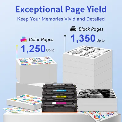 Communicates the exceptional printing capacity of the product, showing that it can print up to 1,250 color pages and 1,350 black pages, reassuring shoppers of long-lasting value and reduced…