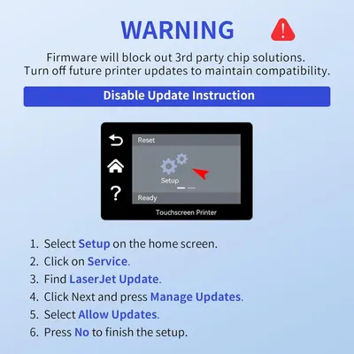 Provides step-by-step instructions to disable automatic printer firmware updates to maintain compatibility with third-party ink cartridges.