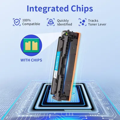 Communicates multiple benefits of the integrated chip technology in the toner cartridge, reassuring shoppers about compatibility, ease of identification, and toner level monitoring.