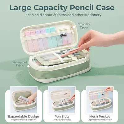 Showcases multiple distinct benefits of the pencil case including its large capacity, smooth zipper, waterproof fabric, expandable design, organized pen slots, and mesh pocket to demonstrate…