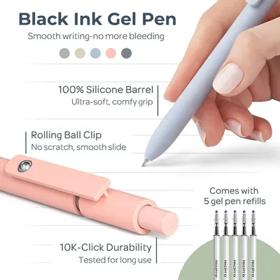 This image breaks down the gel pen's key physical components and features—silicone barrel for comfort, rolling ball clip mechanism, durability rating, and smooth ink flow—to help shoppers understand…